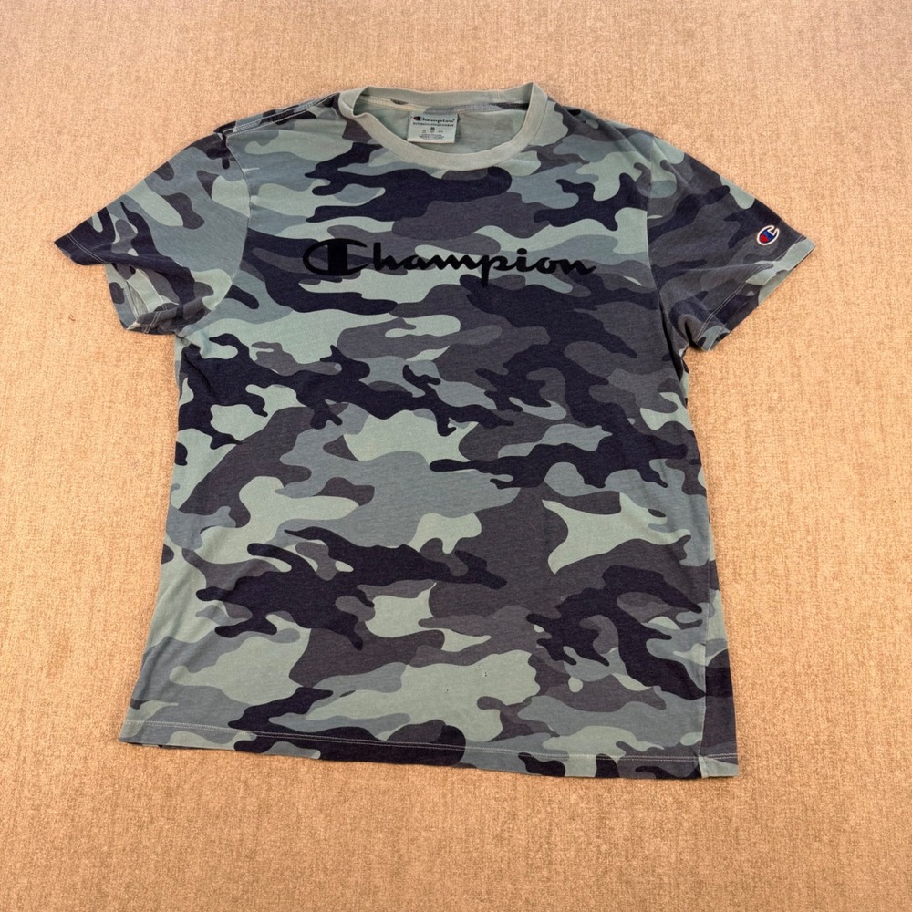 Champion T-Shirt Mens Size M Blue Camo Script Logo Short Sleeve Crew Neck Tee